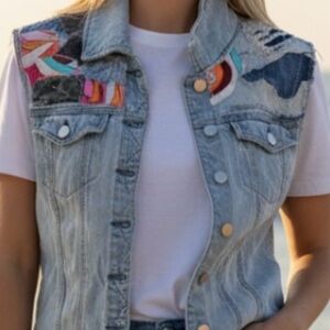 Embellished Light Wash Denim Vest with Colorful Patchwork